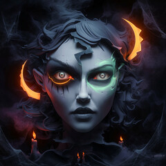 Dark fantasy portrait of a woman with haunting features, glowing eyes, and cracked skin, surrounded by smoke, flames, and eerie candlelight, evoking a gothic and nightmarish mood.