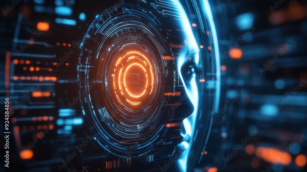 Poster illuminated biometric lock with face recognition technology, futuristic security systems concept