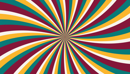 Abstract retro groovy colorful sunburst pattern striped twirl twisted 70s vintage background texture. Spiral radial vector in trendy retro psychedelic style illustration. Rainbow color palettes