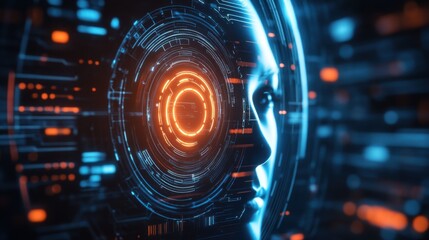 Obraz premium Illuminated Biometric Lock with Face Recognition Technology, Futuristic Security Systems Concept