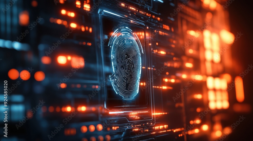 Poster secure access with biometric lock featuring glowing face imprint | futuristic security systems conce