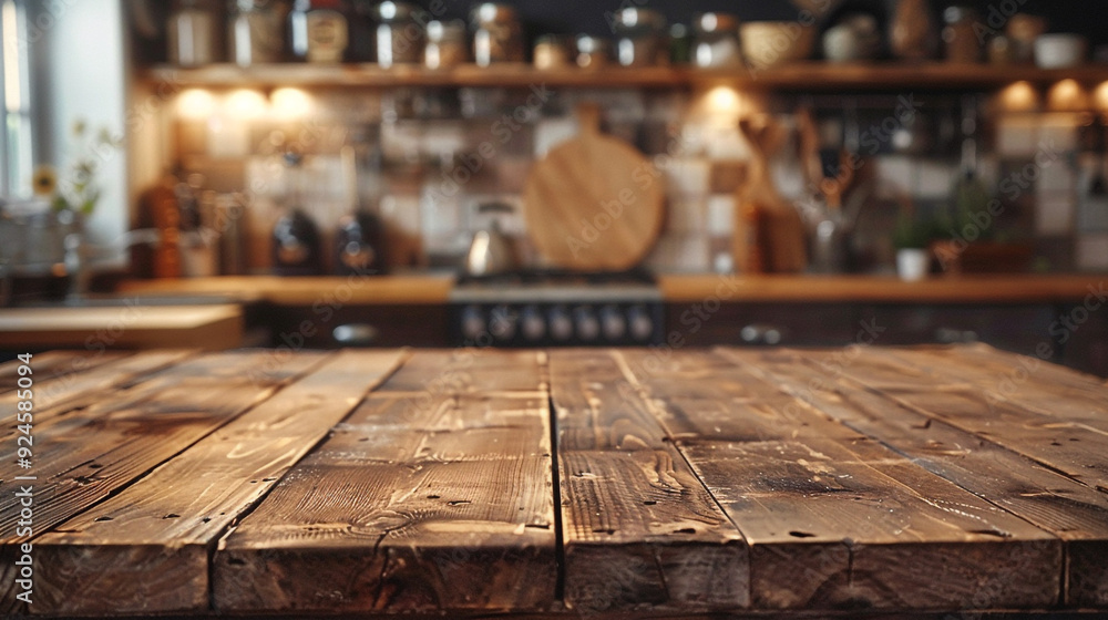 Poster a rustic, weathered wooden tabletop with visible grain patterns, set against a blurred background of