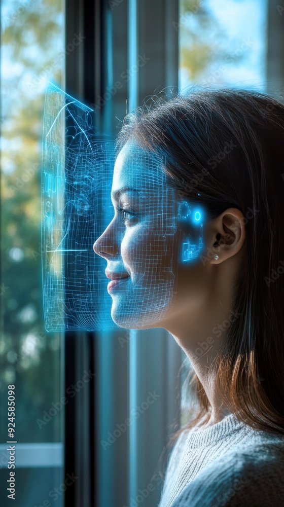 Aufkleber futuristic virtual assistant hologram engaging with user via facial recognition in smart home concep