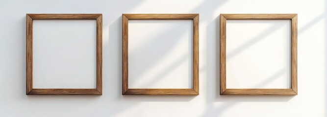 Three Empty Wooden Frames on a White Wall
