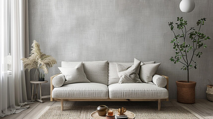 A Scandinavian-inspired room with light grey textured wallpaper and a comfortable light grey fabric sofa. The room is accented with natural wooden elements, giving it a warm and inviting feel.