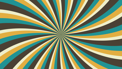 Abstract retro groovy colorful sunburst pattern striped twirl twisted 70s vintage background texture. Spiral radial vector in trendy retro psychedelic style illustration. Coffee Shop color palettes