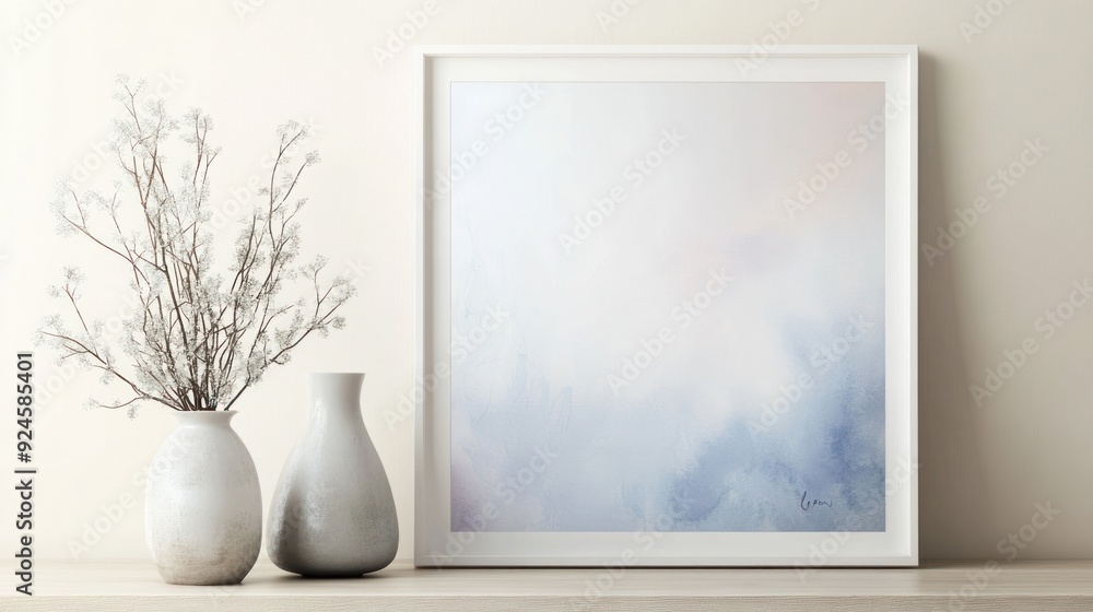 Poster a framed abstract watercolor painting with vases and dried branches on a shelf