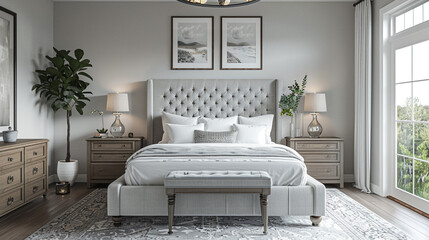 A serene transitional bedroom featuring a light grey upholst