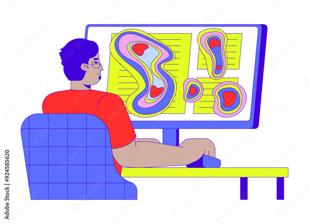 Poster eye tracking heatmap cartoon flat illustration. arab man consumer looking on computer screen heat ma