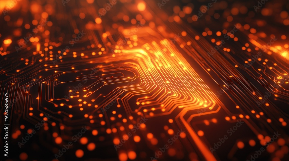 Poster abstract top view of a glowing circuit with ample copy space on the left side.