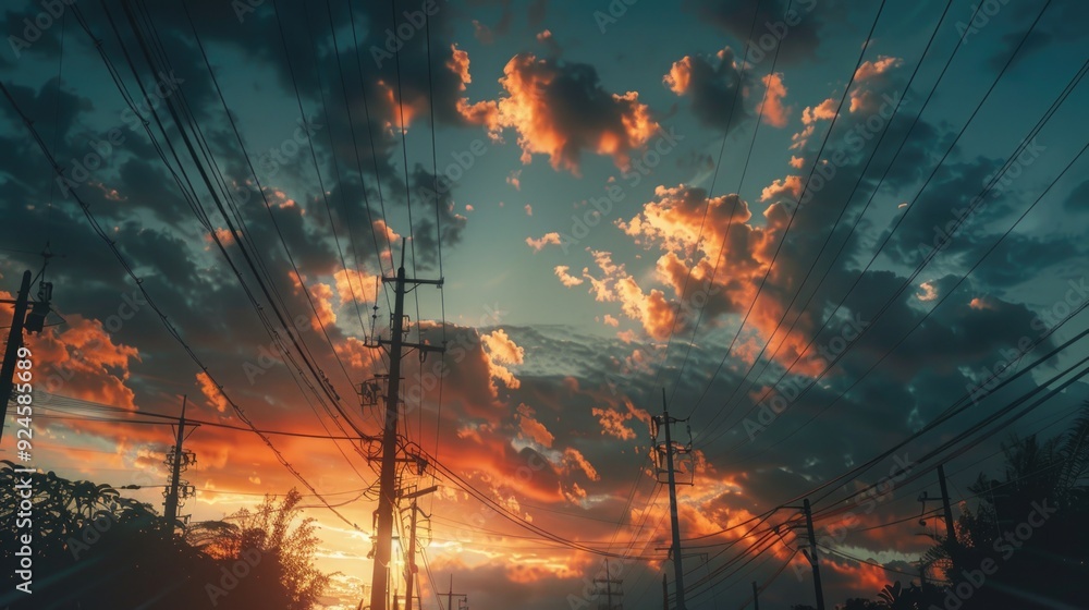 Poster Image of power lines with the sun setting behind them