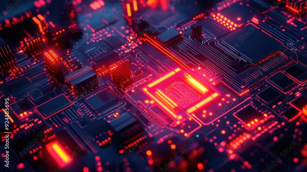 Poster abstract top view of a glowing circuit with ample copy space on the left side.