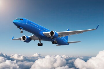 3D Render of Sleek Blue Commercial Jet Soaring Through Clouds Against Azure Sky Background