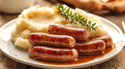 British bangers and mash with sausages and mashed potatoes on a white plate.