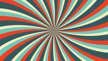 Abstract retro groovy colorful sunburst pattern striped twirl twisted 70s vintage background texture. Spiral radial vector in trendy retro psychedelic style illustration. Cirrostratus color palettes