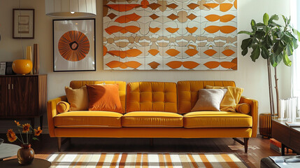 A stylish living room featuring mid-century modern wallpaper with bold starburst patterns in orange and brown, paired with a sleek mustard yellow fabric sofa.