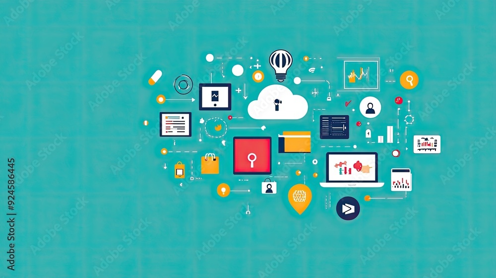 Poster flat lay of cloud computing icons with a digital interface, copy space on the right.