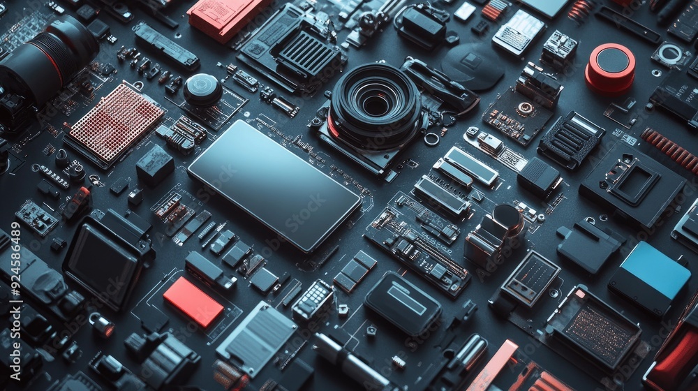 Poster flat lay of futuristic gadgets on a tech-inspired surface, with copy space on the left.