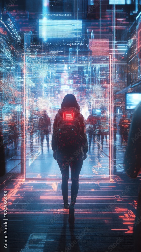 Aufkleber futuristic security checkpoint - person passing through digital gate with facial recognition technol