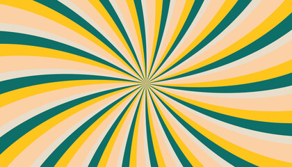 Abstract retro groovy colorful sunburst pattern striped twirl twisted 70s vintage background texture. Spiral radial vector in trendy retro psychedelic style. California Skies color palettes