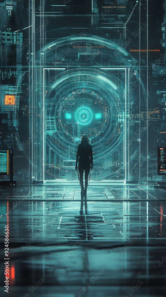 Poster stepping into the future: person passing facial recognition check at digital gate in futuristic secu