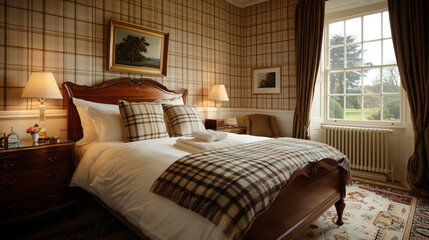 Obraz premium A traditional bedroom with brown and cream plaid wallpaper, paired with a classic wooden bed frame and soft beige bedding.