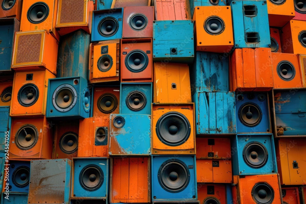 Poster a pile of speakers stacked on top of each other, ready for use or storage