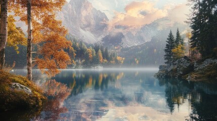 Tranquil Mountain Lake with Autumn Trees and Misty Reflections