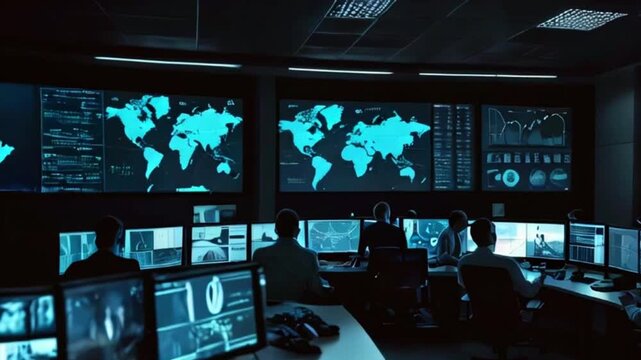 A team of specialists working late at night in a security control room, looking at maps and data on large monitors.