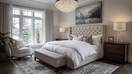 A transitional bedroom blending traditional and modern elements, featuring a tufted grey upholstered bed, white bedding, and a dark wood dresser. 