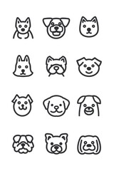 A collection of hand-drawn dog face illustrations in black ink