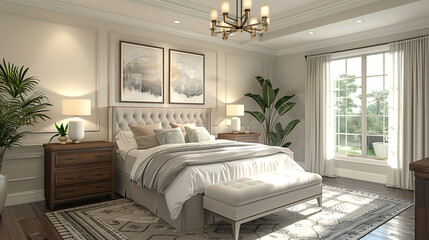 A transitional bedroom blending traditional and modern design, featuring a beige upholstered bed, dark wood nightstands, and contemporary metallic decor. 