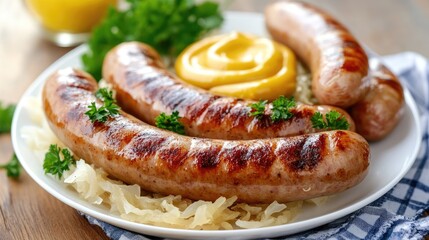 German bratwurst sausages with sauerkraut and mustard on a white plate.