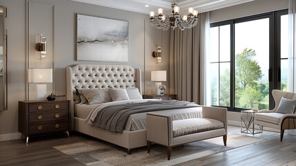 A transitional bedroom blending traditional and modern design, featuring a beige upholstered bed, dark wood nightstands, and contemporary metallic decor. 
