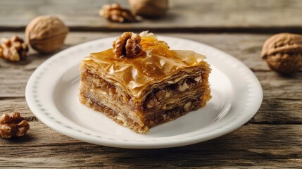 Greek baklava dessert with layers of phyllo dough, nuts, and honey syrup.