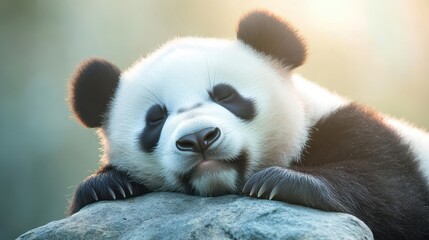 Fototapeta premium A panda bear is sleeping on a rock