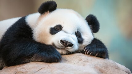 Fototapeta premium A panda bear is sleeping on a rock