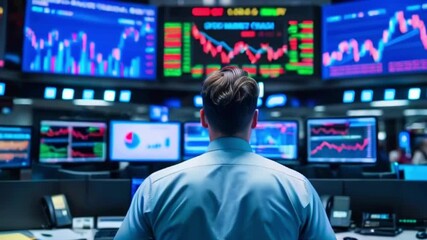 A man in a blue shirt sits in front of a computer, facing a wall of screens displaying financial data. - Powered by Adobe