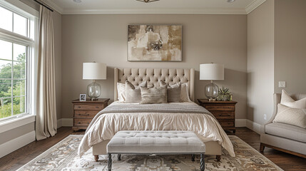 A transitional bedroom with a neutral color palette, featuring a beige upholstered bed, a dark wood nightstand, and contemporary glass table lamps. 