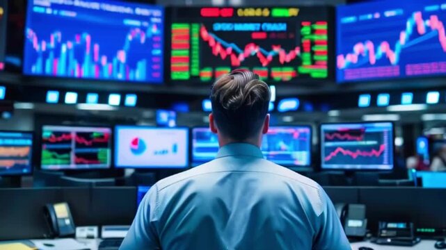 A man in a blue shirt sits in front of a computer, facing a wall of screens displaying financial data.