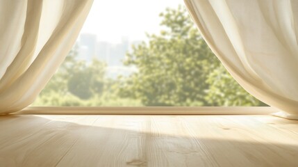 A window with a white curtain and a view of a city