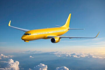Obraz premium Vibrant Yellow Aircraft Cruising Through a Clear Sky: A 3D Rendering of Efficient Travel