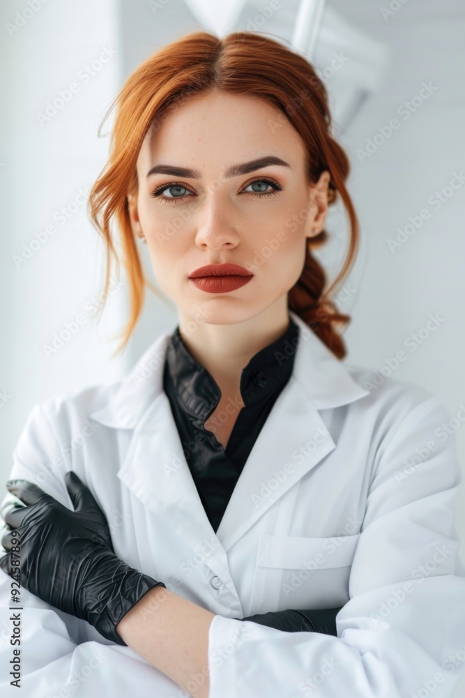 Poster a woman in a lab coat and gloves working in a laboratory setting