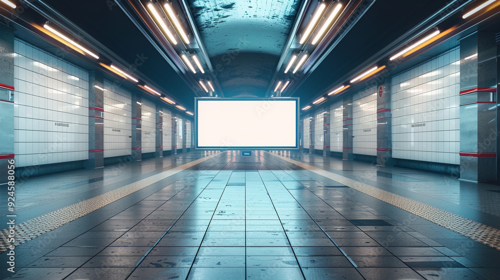 Poster a well-designed subway corridor with a large light box display featuring a white space for an advert