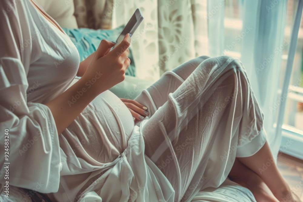 Wall mural A woman sits on her bed, holding a cell phone and possibly texting or browsing