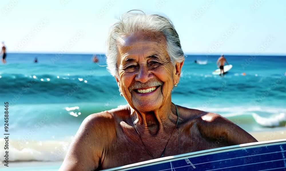 Canvas Prints Elderly woman with surfboard on the beach in the summer