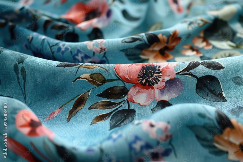 Poster Close-up shot of a colorful floral print fabric with intricate designs and patterns