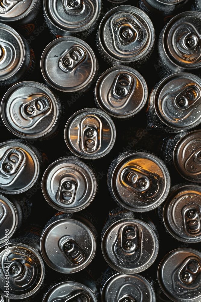 Poster a close-up shot of multiple soda cans with varying designs and labels