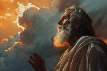 A wise old man wearing a white robe and sporting a long white beard, sitting comfortably