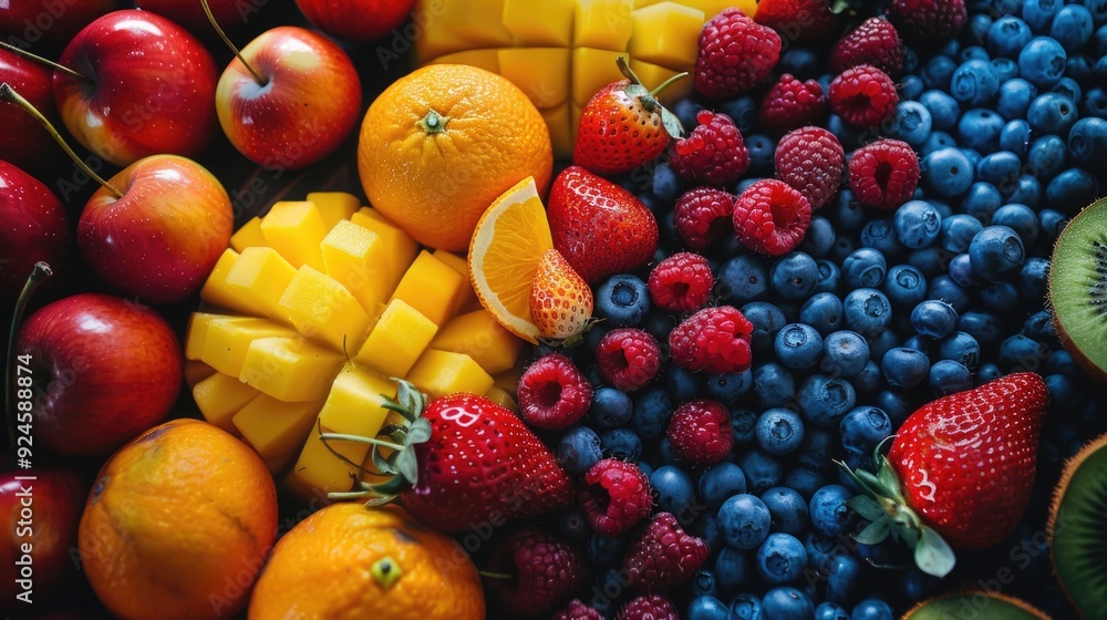 Poster a selection of colorful fruits taken from a 90-degree angle, perfect for highlighting the vibrant co